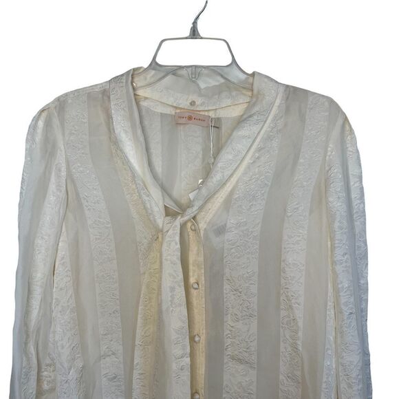 Tory Burch New Ivory Floral Chiffon Bow Blouse Size 4 - Picture 5 of 11